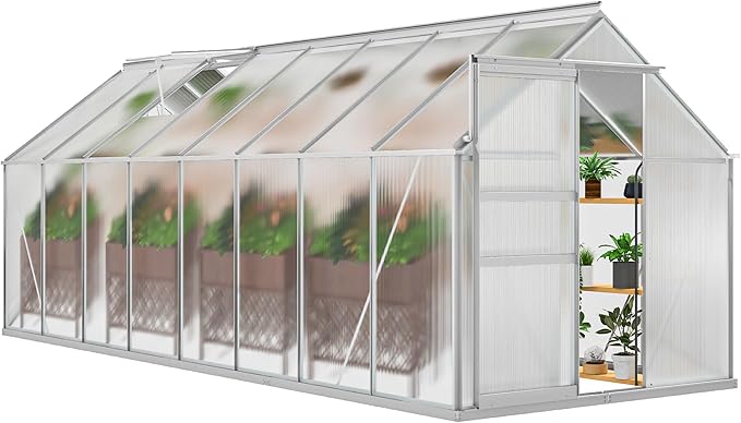 DWVO 6x16FT Polycarbonate Greenhouse Heavy Duty Green Houses Outdoor Aluminum Greenhouses with Sliding Doors Vent Window Walk-in Greenhouse Large Sun House for Garden Backyard Matte Sliver