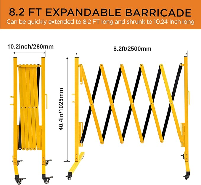 TECSPACE Industrial Expandable Metal Barricade Expansion Size 8.2 FT Yellow and Black Durable Steel Safety Barricade with casters Flexible Mobile Barrier Gate Adjustable Traffic Fence