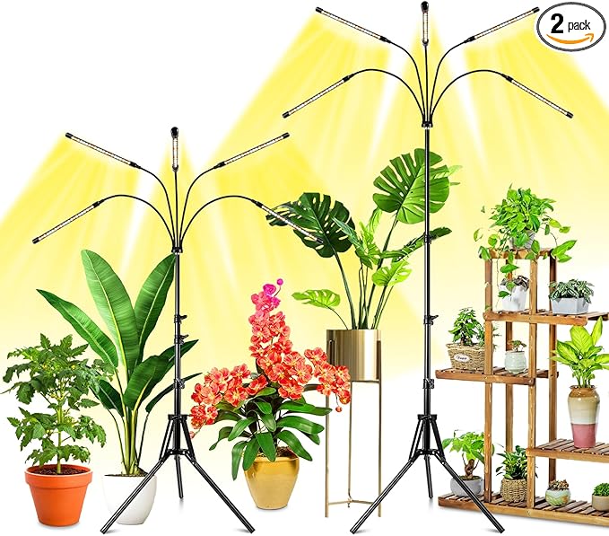 Wolezek Grow Lights for Indoor Plants 2 Pack Full Spectrum Plant Light with Adjustable Stand 5-Head LED Grow Light with Auto 6/12/16H Timer 5 Brightness Levels Ideal for Large &amp Tall Plants