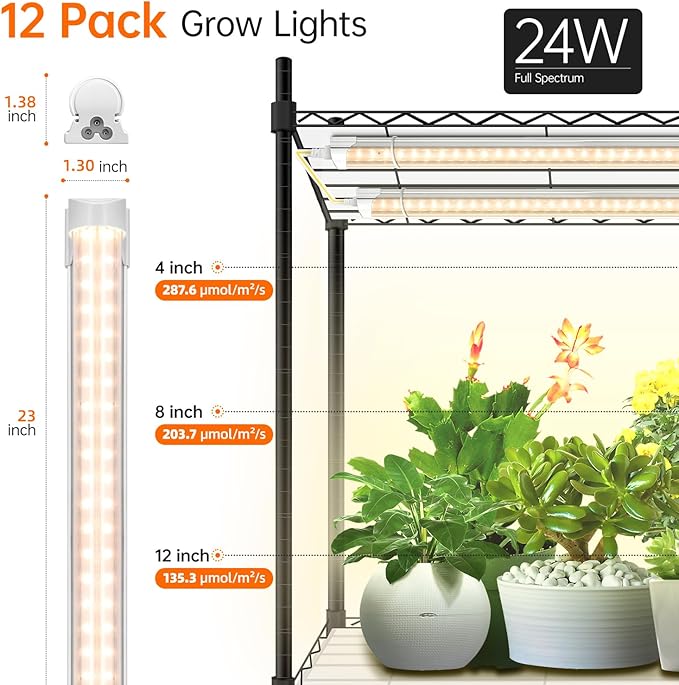 Bstrip Plant Shelf with Grow Light 4-Tier Large Grow Light Shelf with Wheels Stainless Steel 12-Pack 288W T8 Full Spectrum Grow Lights for Seed Starting(57.4 L x 13.8 W x 59 H)