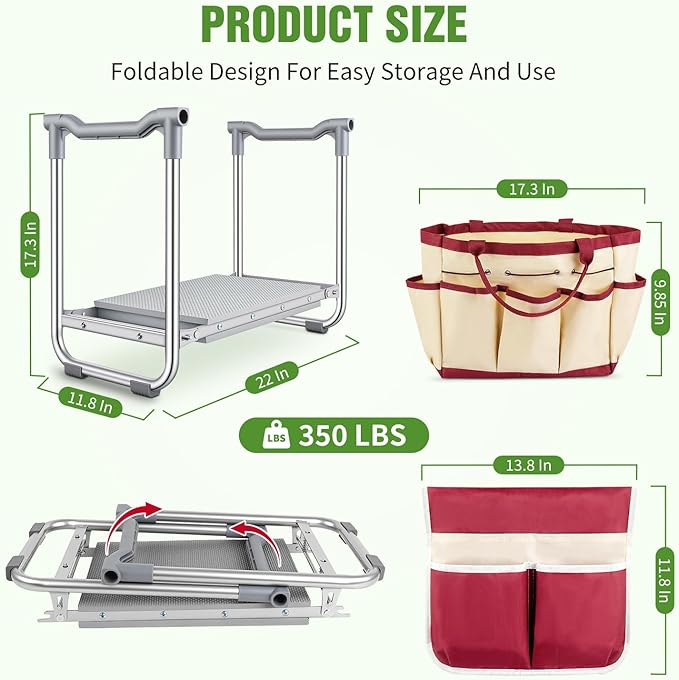 Foldable Garden Kneeler and Seat 2 in 1 Heavy Duty Garden Stool Portable Gardening Knee Seat with Pad &amp Tool Bag Sturdy Garden Kneeling Bench for Weeding Planting Supports Up to 400lbs