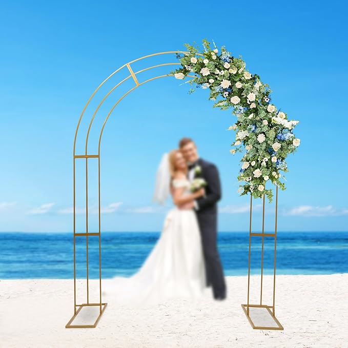 Metal Wedding Garden Arch Trellis: 8.53Ft Heavy Duty Backdrop Balloon Archway Decoration Stand with Sturdy Base - Indoor Outdoor Party Ceremony Arches Frame Climbing Flower Plant Garden Arbor Gold