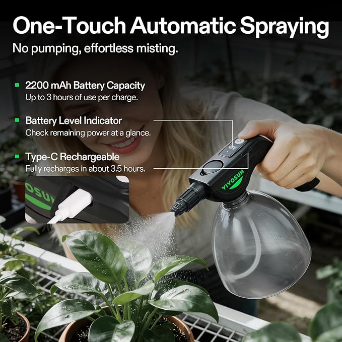 VIVOSUN Battery Powered Sprayer 0.5Gallon Electric Spray Bottle USB Rechargeable Automatic Water Pump Plant Mister with Adjustable Pressure Easy to Refill 2.2 Ah Battery
