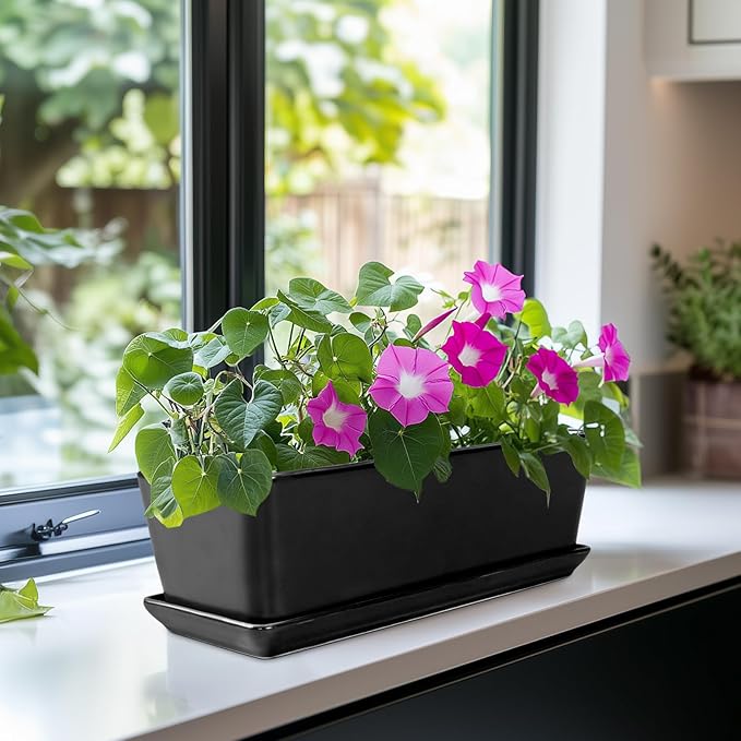 SQOWL Rectangle Planter - 10 Inch Ceramic Plant Pots with Drainage Hole and Saucer Rectangular Succulent Planters for Indoor Plants Flower Cactus Herb Pots Outdoor Room Decor Garden Gifts Black