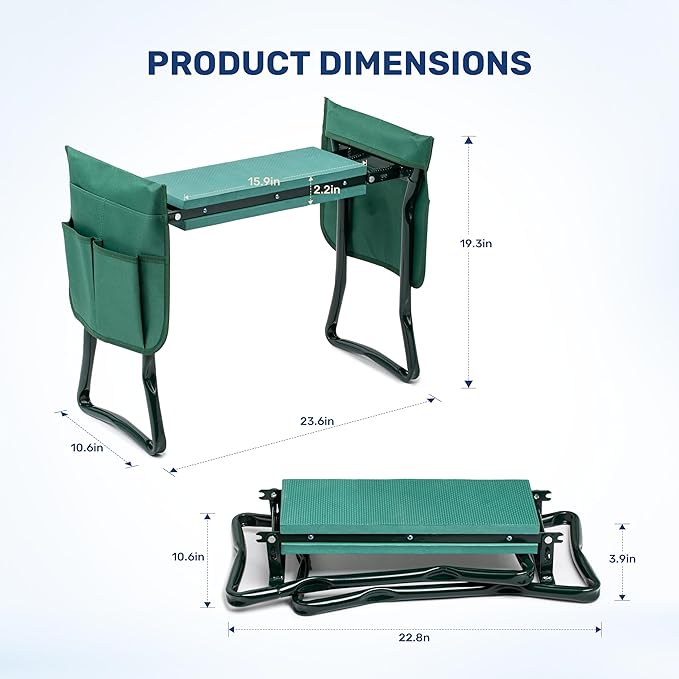 InfiniPower Garden Kneeler and Seat Foldable Kneeling Bench with Sturdy Soft EVA Foam Pad Hold Up to 330lb 2 Tool Pouches Included for Gardening Fishing Camping Green