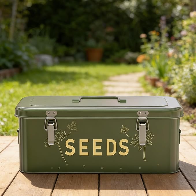 Orionstar Metal Seed Storage Organizer Kit with 30 Bottles &amp Envelopes 4 Compartment Locking Box for Gardening Heirloom Flower Vegetable Preservation Vintage Dark Green Gardener Gift