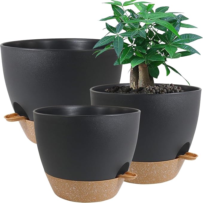 Large Self Watering Pots 12/10/9 Plastic Planters with High Drainage Holes and Deep Reservoir for Indoor Outdoor Garden Plants and Flowers Black with Brown