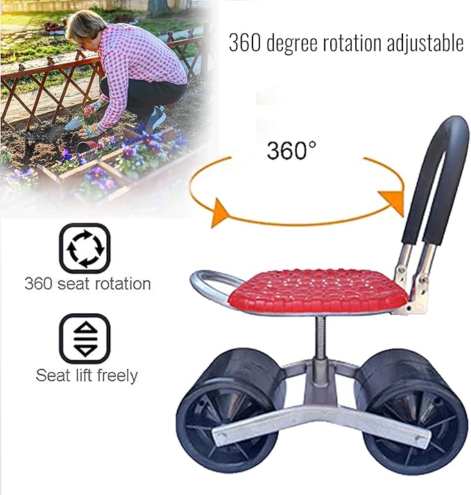 360 Degree Swivel Rolling Garden Seat Adjustable Height Garden Stool with Wheels Garden Cart with Mobile Backrest Garden Scooter for Weeding (Umbrella Stand Included Umbrella not Included)