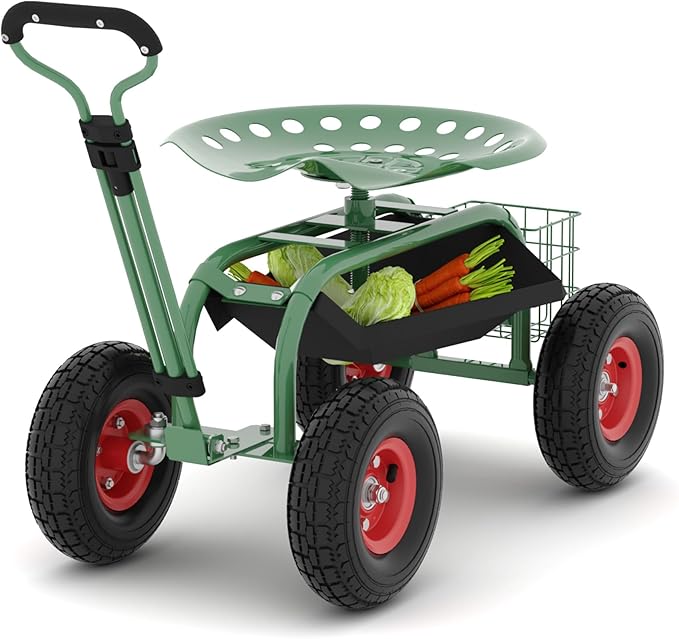 Heavy-Duty Rolling Garden Cart with Swivel Seat &amp Tool Tray – Ergonomic 360° Mobile Gardening Stool for Planting Weeding and Yard Work – All-Terrain Wheels Adjustable Height Durable Steel Fram