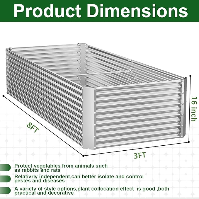 2 Pack Tall 8x3FT Corrugated Galvanized Steel Raised Garden Bed Outdoor Metal Above Ground Garden Bed for Vegetables and Flowers Rectangle Raised Beds for Gardening