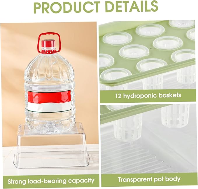 Hydroponic Planter Box 12-Hole Transparent Aquaponics Growing System with Green Lid for Home Balcony or Desktop Decor