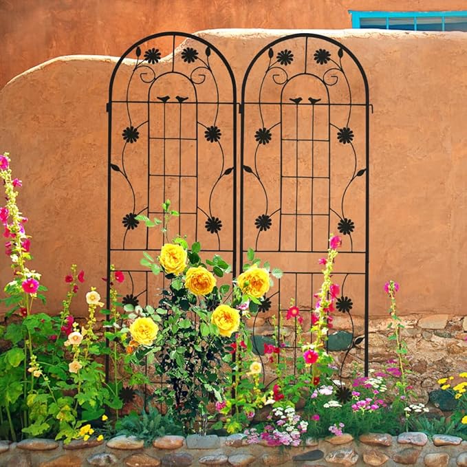 Sturdy Metal Garden Trellis for Climbing Plants – Rust-Resistant Outdoor Flower Support with Decorative Lattice Design (2 Pack-Black)