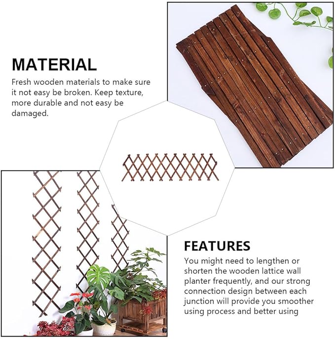 Kisangel Expandable Carbonized Wood Garden Trellis Plant Support 0.9cm Thick 44x22cm Wooden Vine Climbing Frame for Outdoor Patio and Garden
