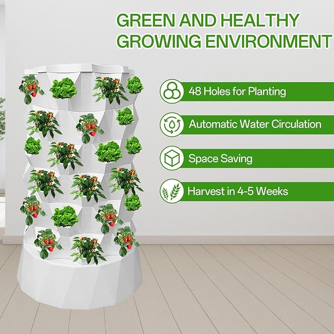 Tower Garden Hydroponics Growing System48-Plants Indoor Vertical Tower Garden System KitIndoor GardenIncluding Smart PlugWater PumpVertical Hydroponic Tower for Gardening LoverWhite