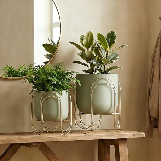 JHY DESIGN Set of 2 Planters with Stand Indoor Outdoor Metal Plant Stand 11.5/8 H Modern Planters Flower Pots for Living Room Corner Kitchen Office Garden Balcony Patio Decor(Green)