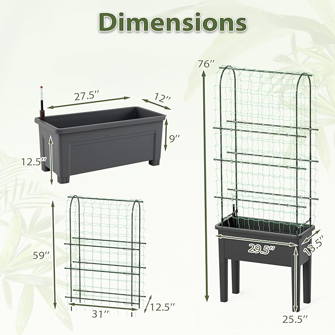 HAPPYGRILL 4-in-1 Raised Garden Bed with Climbing Trellis Self-Watering Elevated Planter with Water Level Indicator Drainage Hole Outdoor Plastic Planter Box with 4 Detachable Legs for Garden Lawn