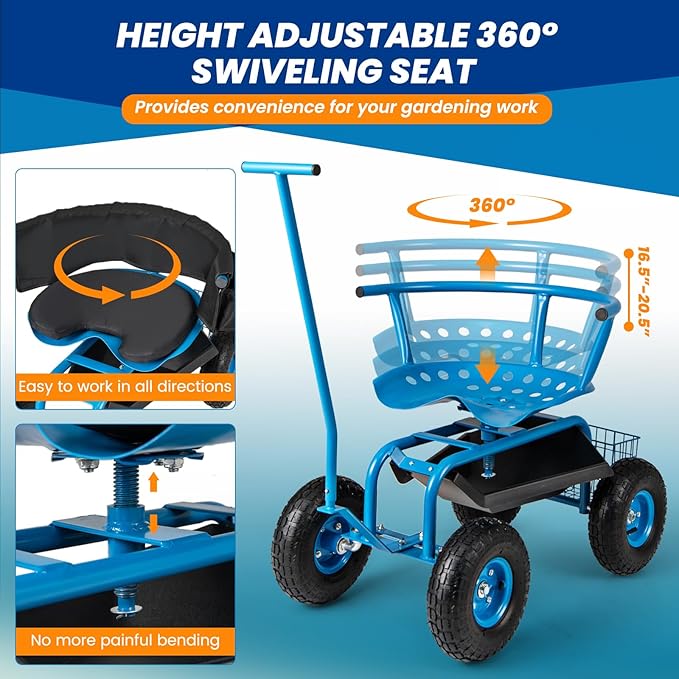 Garden Cart on Wheels 360° Swivel Rolling Outdoor Workseat with Washable Cushion &amp Dual Handles Height Adjustable Garden Stool for Patio Yard (Blue)