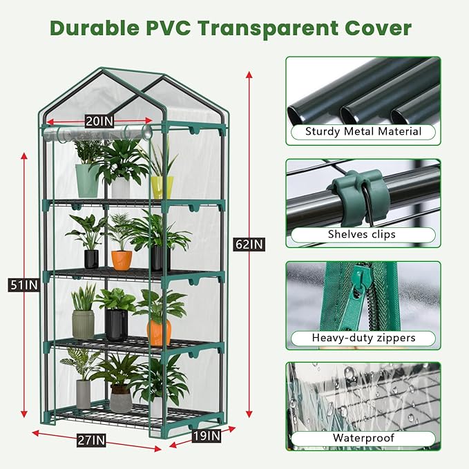 Indoor Greenhouse with Grow Lights 4 Tier 27 L×19 W×62 H Mini Greenhouse with Zippered PVC Cover for Seed Starting Trays Dimmable 2FT 60W Plant Light for Indoor Plants with Timer