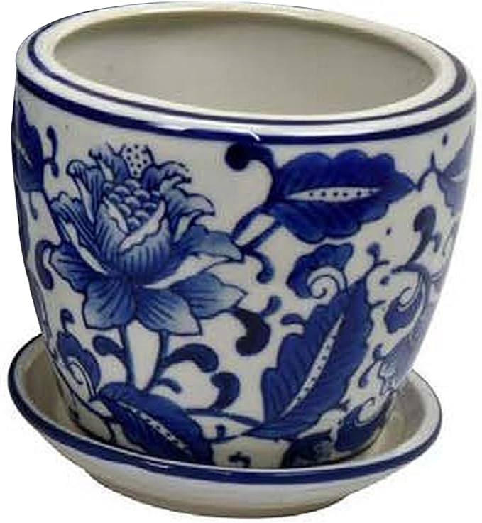 Planter with Saucer Set of 4 Vintage Blue Floral Print White Ceramic
