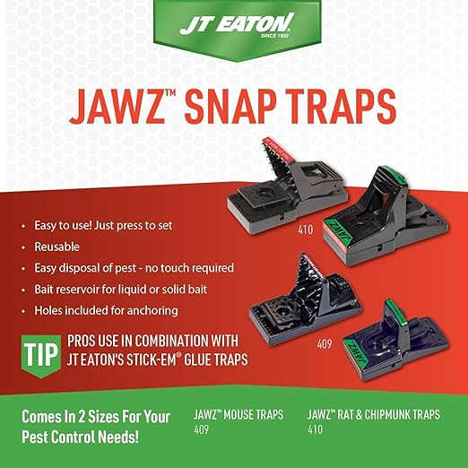 JT Eaton 409 Jawz Indoor Plastic Mouse Trap for Solid or Liquid Bait Instant Kill Mouse Traps No-Touch Disposal with Trap Set Indicator 24-Pack