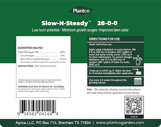 Slow-N-Steady Liquid Lawn Fertilizer | 28-0-0 High Nitrogen Slow Release Nitrogen (SRN) | Urea Triazone Sprayable Fertilizer | 32 fl oz Bottle | Steady Green-Up for Lawns| Made in The USA |
