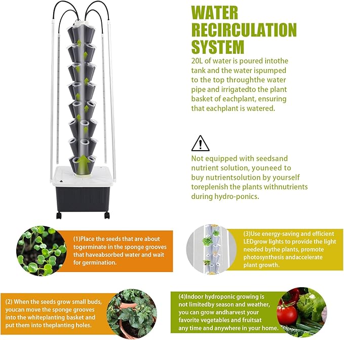 Hydroponics Growing System Tower Kit with Led Light 40pods Vertical Hydroponic Tower Hydroponics Tower Indoor Garden for Herbs Fruits and Vegetables (8 Layer)