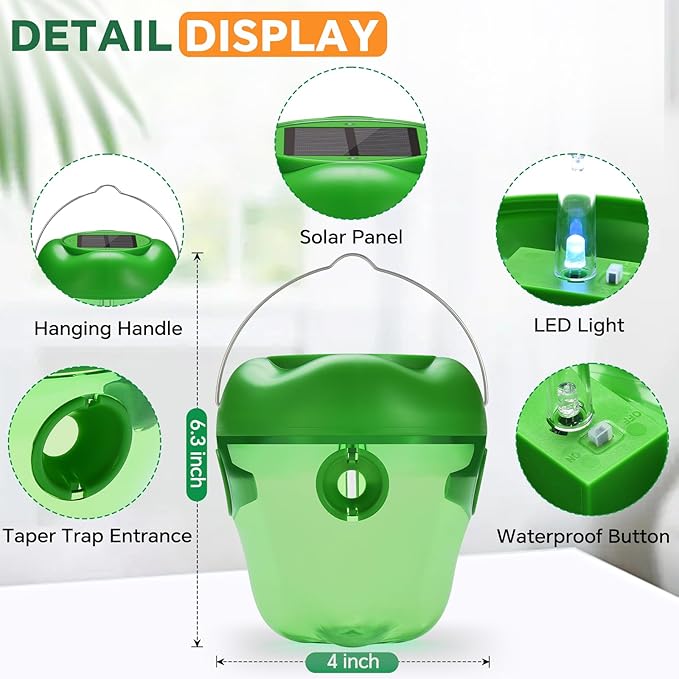 Wasp Trap Solar Wasp Traps Hanging Reusable Yellow Jacket Trap with LED Light Wasps Killer Bee Hornet Traps for Outside Orchard Farm Garden Patio Courtyard