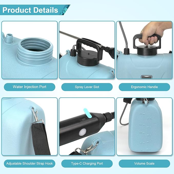 SZHLUX 1.35 Gallon Battery Powered Sprayer Upgrade Electric Sprayer with USB Handle Telescopic Wand 3 Mist Nozzles and Adjustable Shoulder Strap Garden Sprayer for Gardening Cleaning