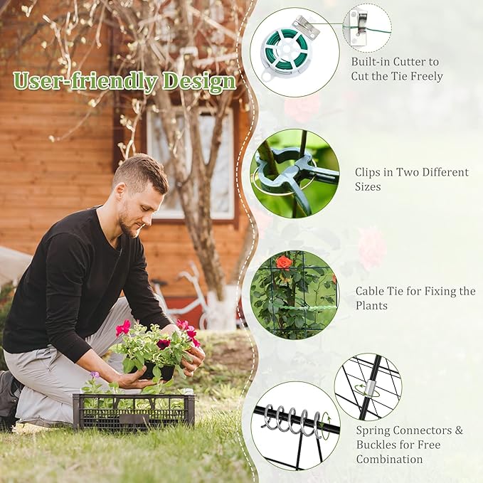 S AFSTAR 46 x 34 Inch Cucumber Trellis for Garden 4 PCS Foldable A-Shape Plant Support W/18 Clips 8 Ground Stakes 4 Spiral Connectors 12 Cable Tie Twist Tie Garden Trellis for Climbing Plants