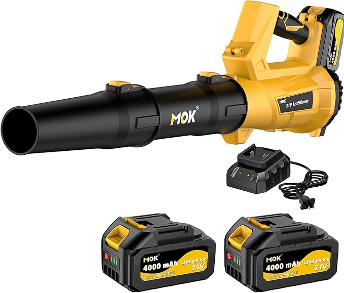 MOK Leaf Blower Cordless650CFM/170MPH Brushless Motor Electric Cordless Leaf Blower with 2 x 21V 4.0Ah Battery and Charger 3-Variable Speed Blower for Lawn Care Patio Cleaning(Yellow) ﻿