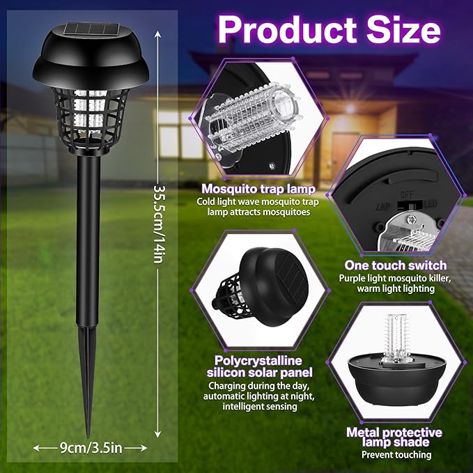 Qualirey 12 Pcs Solar Bug Zapper Outdoor Waterproof Solar Mosquito Zapper Outdoor Solar Powered Mosquito Killer Lamp Mosquito Repellent Lamp for Patio Yard Garden Insect (Purple Light Warm Light)