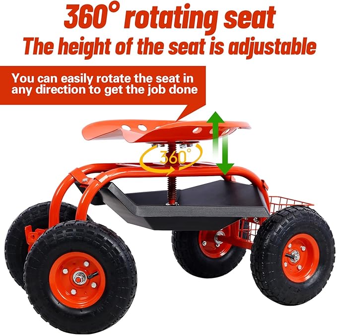 Anwick Rolling Garden Work Seat with Wheels Gardening Stool for Planting 360 Degree Swivel Seat Scooter with Steering Handle &amp Tool Tray/Basket Garden Chair for Outdoor Patio and Yard (Red)