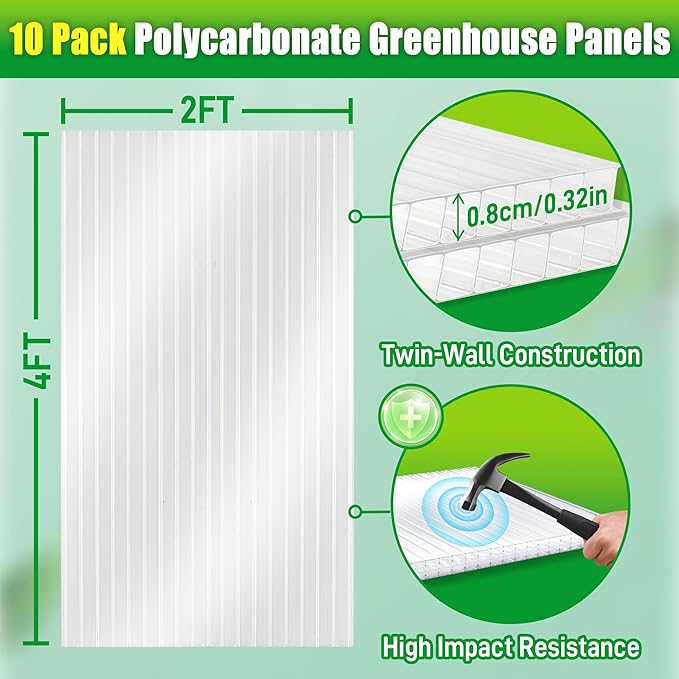 10 Pack Polycarbonate Greenhouse Panels 4' x 2' x 0.32'' Twin-Wall Polycarbonate Sheets All Weather Clear Roof Panels Greenhouse Replacement Panels