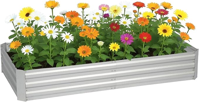PayLessHere Galvanized Raised Garden Bed Outdoor Elevated Planter 6x3x1FT Vegetable Flower and Herb Planter Box Kit with Galvanized Steel and Metal Pole Reinforcement(Silver)