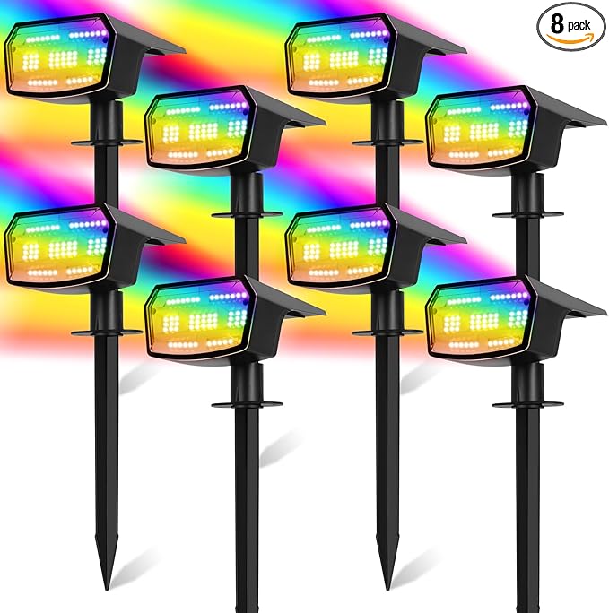 Sucolite 8-Pack Solar Spot Lights Outdoor Waterproof IP65 3 Lighting Modes 2-in-1 Solar Landscape Spotlights for Yard 59 LED Solar Powered Wall Lights for Garden Pathway Driveway Walkway Multicolor