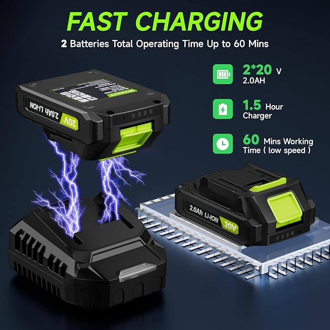 Leaf Blower Cordless Leaf Blower with Battery and Charger - 2 Speed Modes 2 Batteries 20V Powerful Lightweight Electric Blowers for Blowing Leaves Lawn Care Patio Cleaning and Dust Green