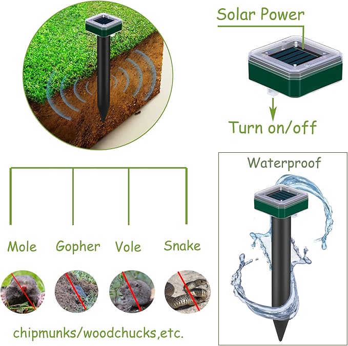 Mole Repellent Solar Powered for Lawns Snake Repellent for Yard Gopher Trap Groundhog Vole Repellent Ultrasonic Spike Outdoor Waterproof Sonic Chipmunk Rodent Burrowing Animals Deterrent Stake (4)
