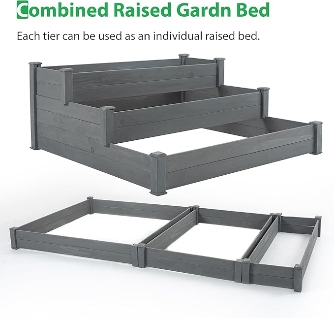 GERRIT 48.6 x 48.6 x 21inch 3 Tier Raised Garden Bed Horticulture Outdoor Elevated Flower Box Wooden Tiered Garden Bed Vegetables Growing Planter for Backyard/Patio/Gardener (Grey)