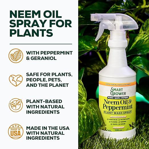 Neem Oil Spray for Plants with Peppermint Oil Natural Plant Wash Made for Indoor and Outdoor Plants Smart Grower 32oz Easy Ready to Use Spray