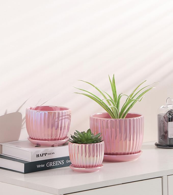 Ton Sin Pink Gold Ceramic Flower Pots 4+5+6 Inch Small Glazed Succulent Planters with Drainage HoleModern Indoor Decorative Plant Pots Set of 3Garden Pots with Saucer