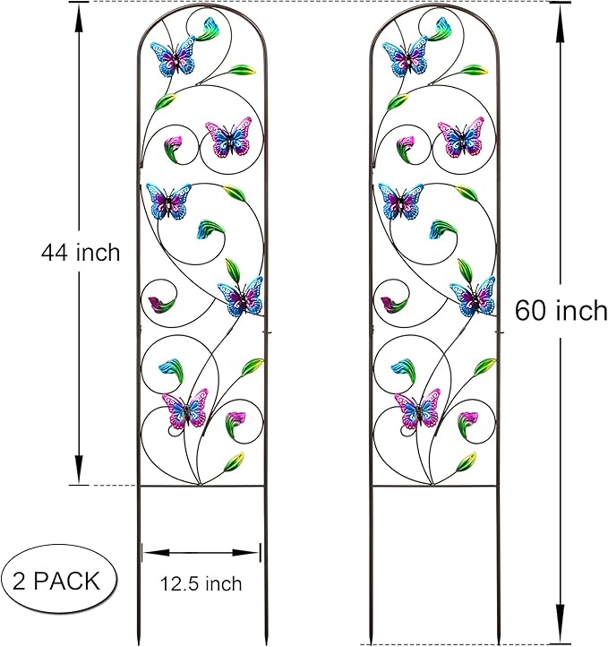 Set of 2 Metal Butterfly Garden Trellis for Climbing Plants Decorative Vegetables Flowers Vine Trellis for Outdoor Patio 60'' H x 12.5'' W Elegant Design (Butterfly)