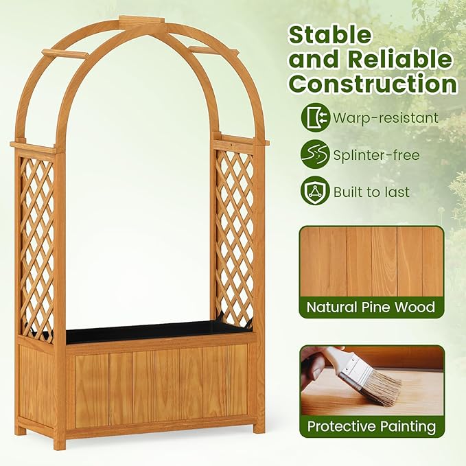 Giantex Raised Garden Bed with Arch Lattice Trellis for Climbing Vine Flower Vegetable Wood Planter Box with Liner &amp Drainage Design Outdoor Plant Container for Yard Balcony (33x15x57)