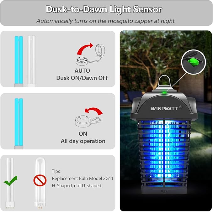 BANPESTT Bug Zapper &amp Electric 4000V Mosquito Killer – Waterproof Indoor/Outdoor with Dusk-to-Dawn Sensor Durable Grid &amp Easy-Clean Tray for Patio Garden &amp Home (Black)