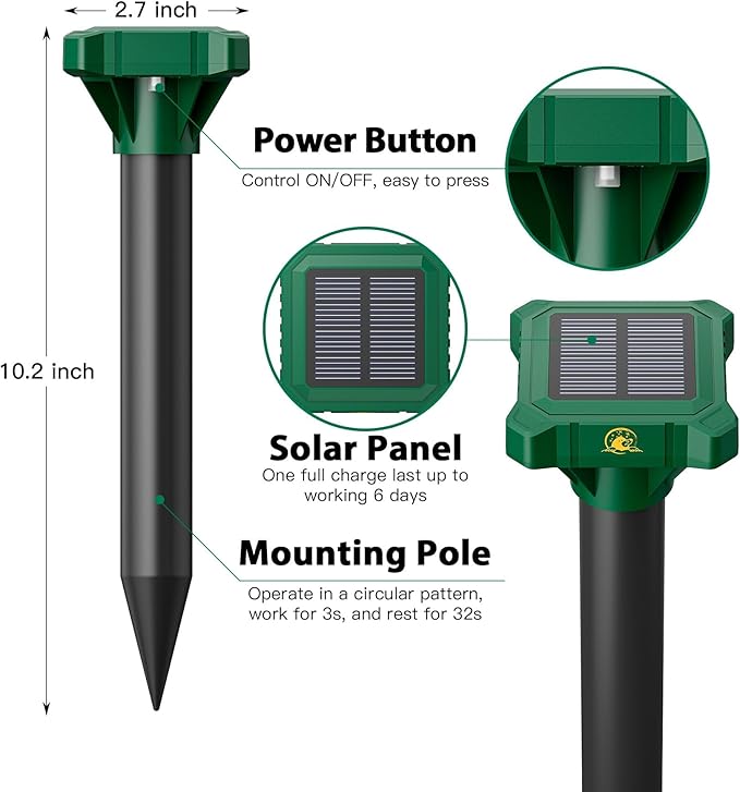 4 Pack Mole Repellent Solar Powered Vibrating Solar Mole Repellent Stakes for Voles Groundhogs Snakes &amp Gophers IP65 Waterproof Mole Deterrent for Yard Farm Lawn &amp Garden