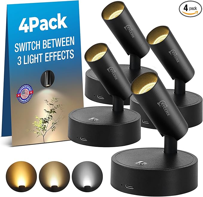 4Pack Spot Lights Indoor for Paintings LED Rechargeable Grow Lights for Indoor Plants - Dimmable Spotlights for Artwork Plants Trees 3 Colors &amp Dimmable 350° Rotatable (Black)