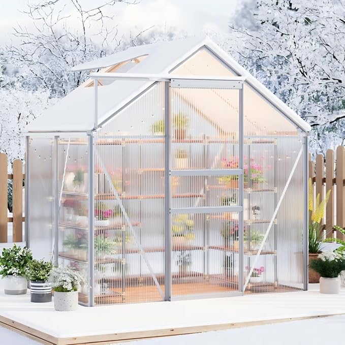 6x4FT Greenhouse for Outdoors Walk-in Polycarbonate Greenhouse with Sliding Door Adjustable Roof Vent &amp Gutter System Portable Outdoor Green House Kit for Winter Gardening