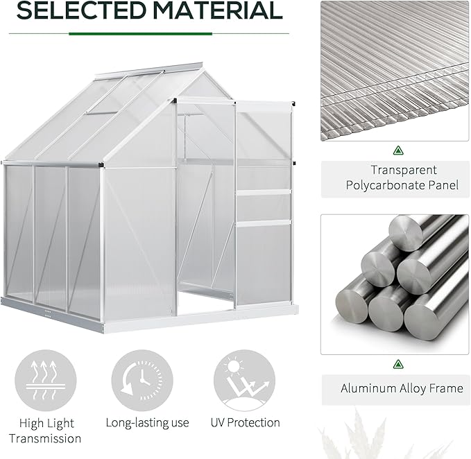 Outsunny 6' x 6' x 6.5' Polycarbonate Greenhouse with Adjustable Roof Vent Walk-in Heavy Duty Green House Kit with Aluminum Frame Sliding Door and Rain Gutter for Winter Silver