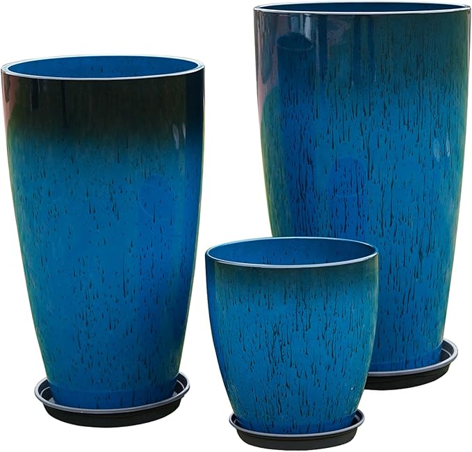 242111 Inch Large Plastic Planters with Drainage Hole and Saucer - Set of 3 Tall Plant Pots Indoor Flower Pot Tall Round Planters Outdoor Large Tall Planter