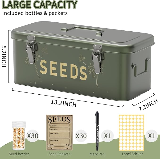 Orionstar Metal Seed Storage Organizer Kit with 30 Bottles &amp Envelopes 4 Compartment Locking Box for Gardening Heirloom Flower Vegetable Preservation Vintage Dark Green Gardener Gift