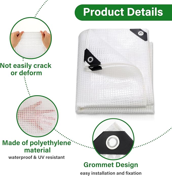 Berlune 3 Pack Clear Greenhouse Heavy Duty Tarp 8 x 10 ft Clear Waterproof Cover 14 Mil Plastic Mesh Cover UV Resistant Poly Tarp with Grommets for Gardening Farming Nursery Outdoor Event
